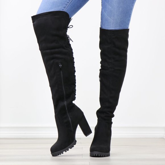 Full Lace-Up Back Black Faux Suede Thigh High Over The Knee Lug Block Heel Boots - Picture 13 of 14